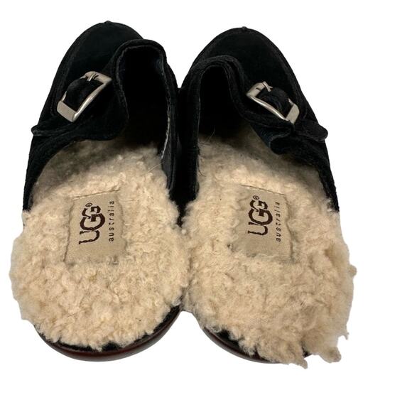 UGG Black Suede Shearling Slip On Heeled Mules - Picture 5 of 9